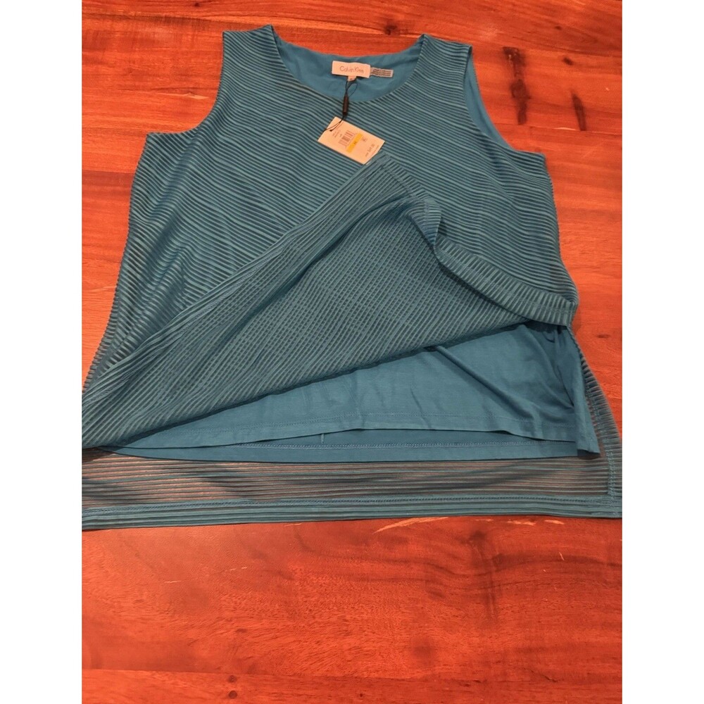 Calvin Klein Women's M Blue Mesh Stripe Asymmetric Sleeveless Tunic Tank Top NWT - Picture 8 of 8
